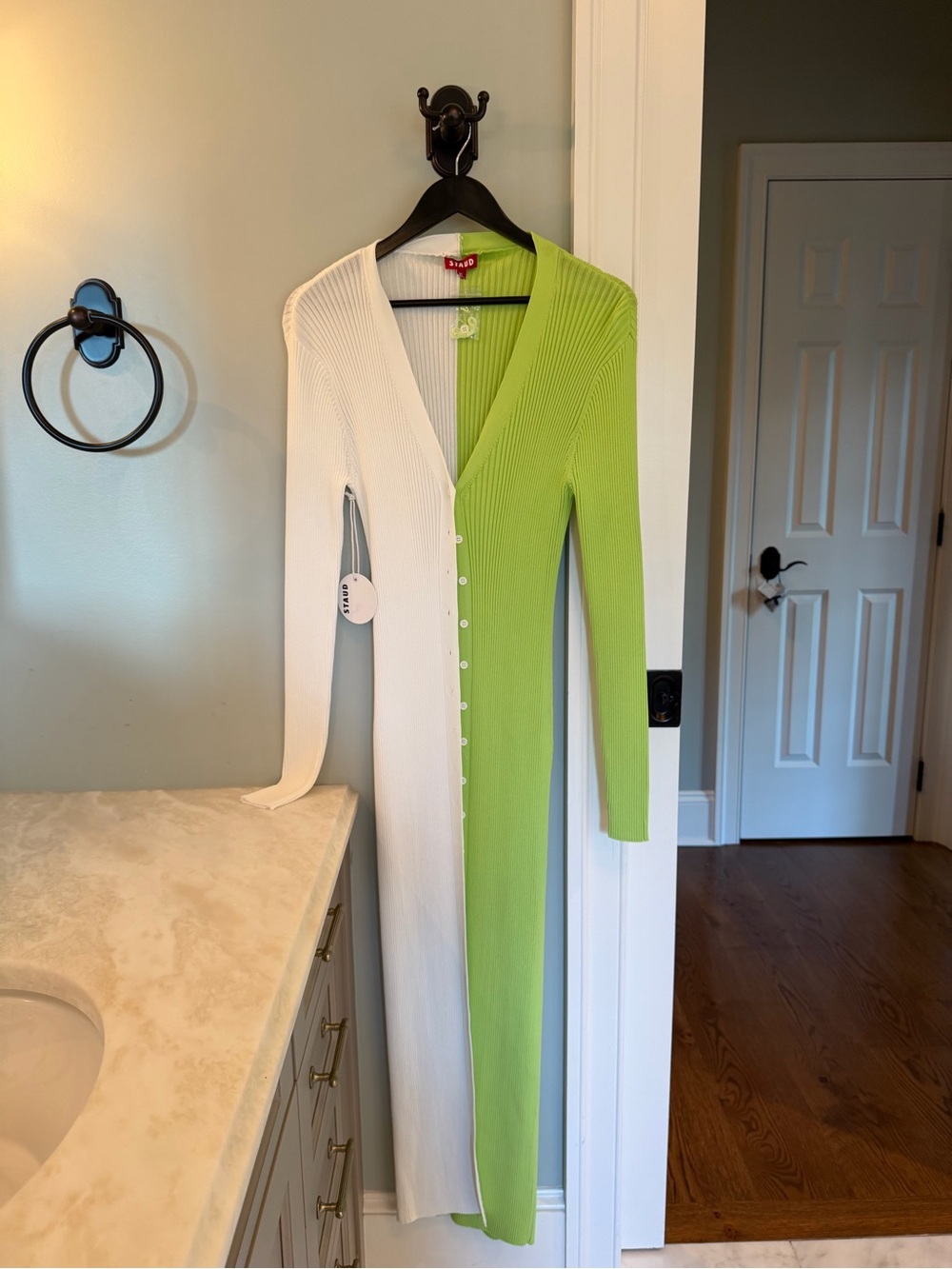 STAUD Two-Tone Ribbed Button-Front Maxi Dress in White and Lime Green